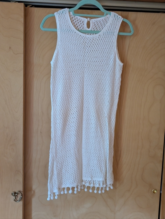 American Vintage Other - Vintage White Crochet Sleeveless Cover-Up Dress with Pom Trim